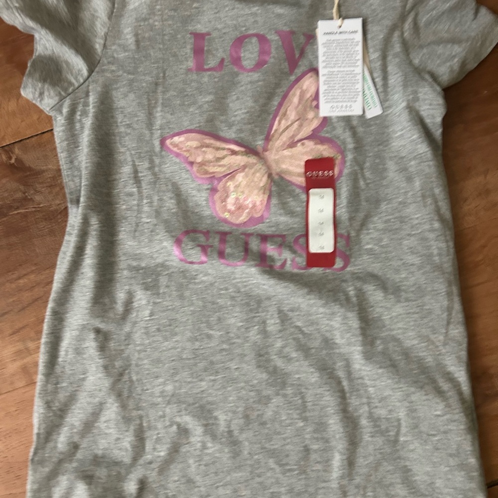 Guess Girls Gray Tee with Pink Butterfly Graphic